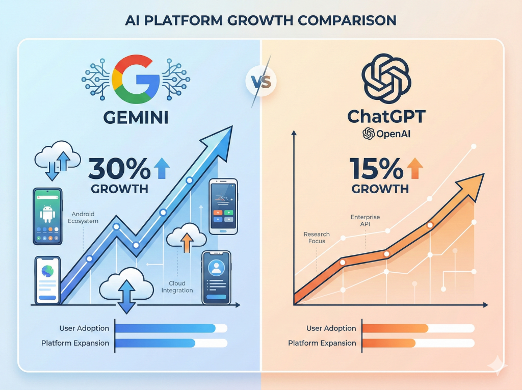 Comparison chart showing Gemini's 30% user growth versus ChatGPT's 15% growth from August to December 2025
