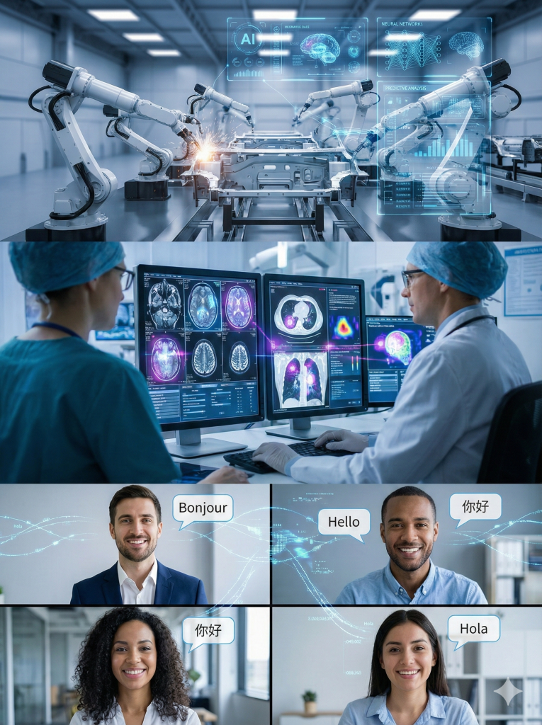 Google AI applications in manufacturing, healthcare diagnostics, and real-time translation services