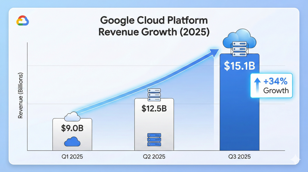 Google Cloud Platform revenue growth chart showing 34% increase to $15.1 billion in Q3 2025